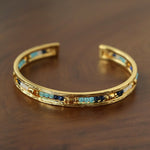 Hand Hammered Textured Inlaid Pearl Natural Stone Glass Open Cuff Bangle - floysun