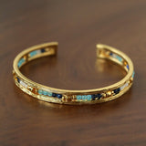 Hand Hammered Textured Inlaid Pearl Natural Stone Glass Open Cuff Bangle - floysun
