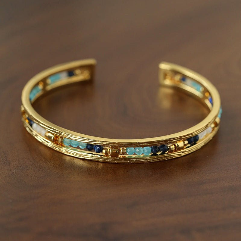 Hand Hammered Textured Inlaid Pearl Natural Stone Glass Open Cuff Bangle - floysun