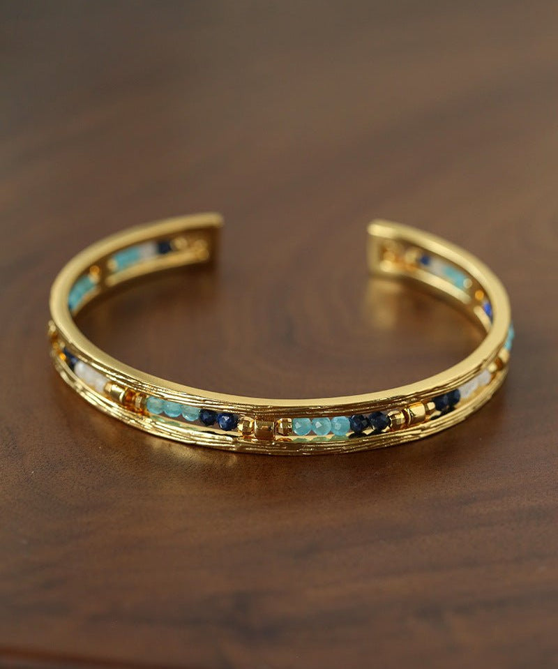 Hand Hammered Textured Inlaid Pearl Natural Stone Glass Open Cuff Bangle - floysun