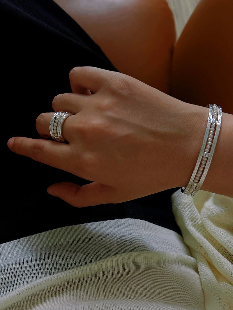 Hand Hammered Textured Inlaid Pearl Natural Stone Glass Open Cuff Bangle - floysun