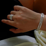 Hand Hammered Textured Inlaid Pearl Natural Stone Glass Open Cuff Bangle - floysun