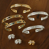 Hand Hammered Textured Inlaid Pearl Natural Stone Glass Open Cuff Bangle - floysun