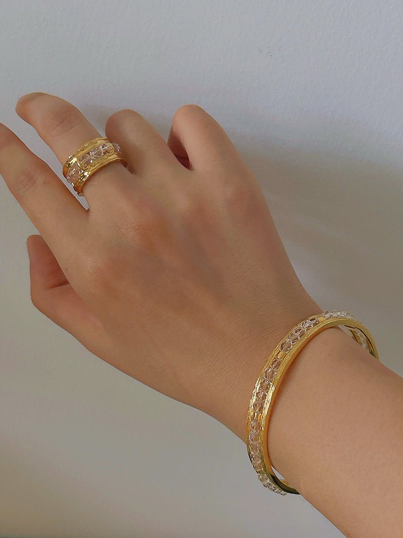 Hand Hammered Textured Inlaid Pearl Natural Stone Glass Open Cuff Bangle - floysun