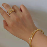 Hand Hammered Textured Inlaid Pearl Natural Stone Glass Open Cuff Bangle - floysun