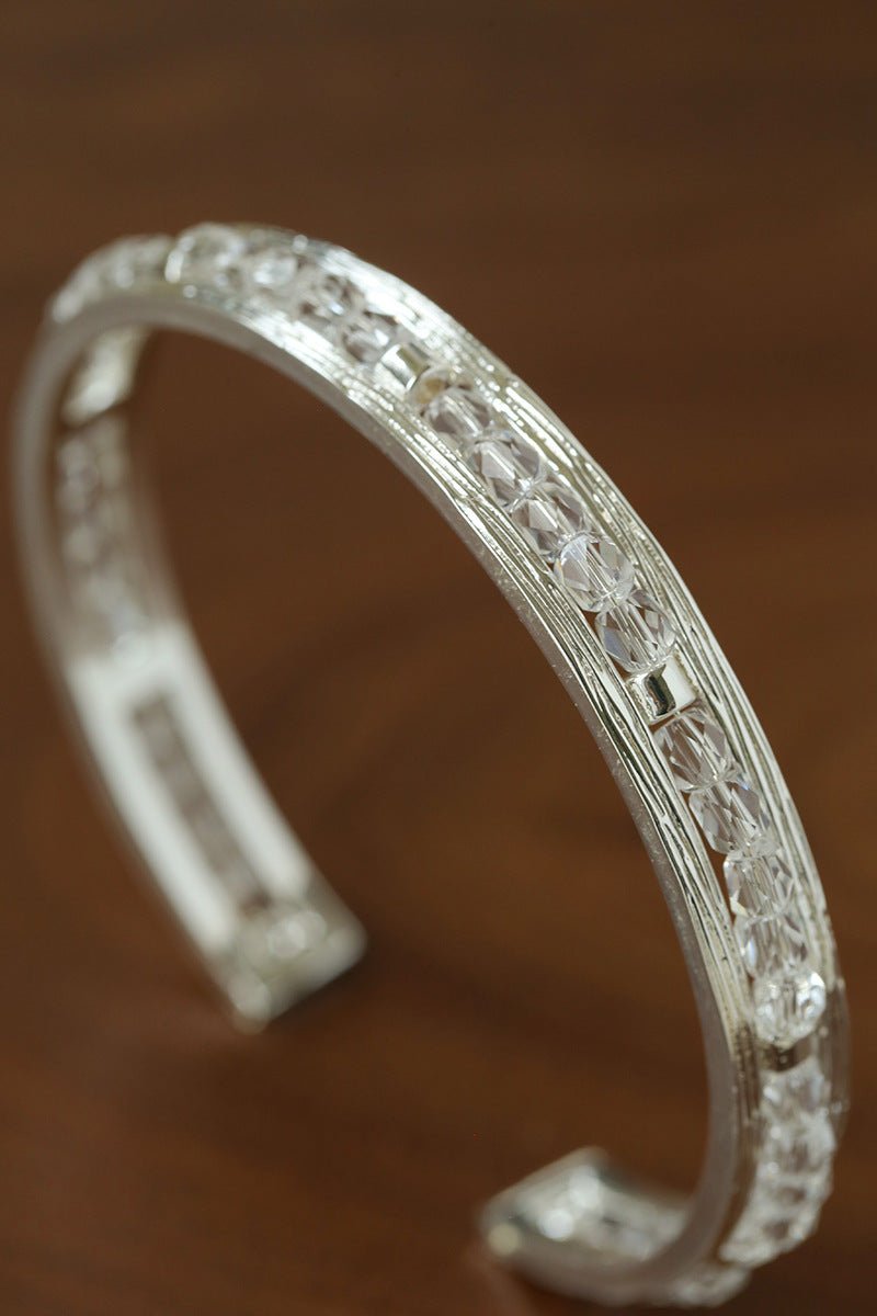 Hand Hammered Textured Inlaid Pearl Natural Stone Glass Open Cuff Bangle - floysun