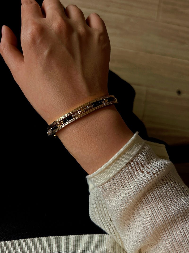 Hand Hammered Textured Inlaid Pearl Natural Stone Glass Open Cuff Bangle - floysun