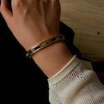 Hand Hammered Textured Inlaid Pearl Natural Stone Glass Open Cuff Bangle - floysun