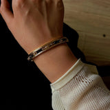 Hand Hammered Textured Inlaid Pearl Natural Stone Glass Open Cuff Bangle - floysun