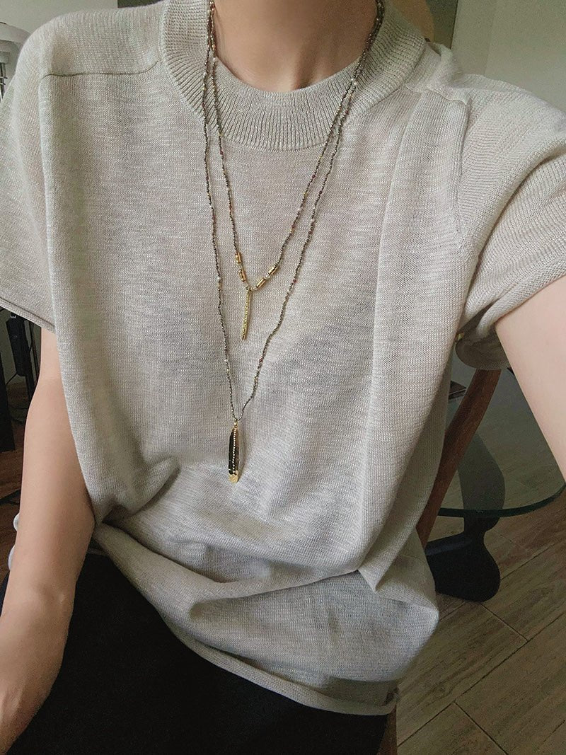 Hand-Strung Gemstone Micro-Bead & Hammered Bar Necklace - floysun