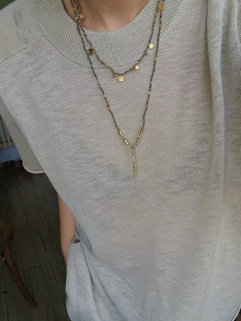 Hand-Strung Gemstone Micro-Bead & Hammered Bar Necklace - floysun