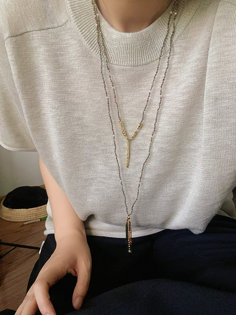 Hand-Strung Gemstone Micro-Bead & Hammered Bar Necklace - floysun