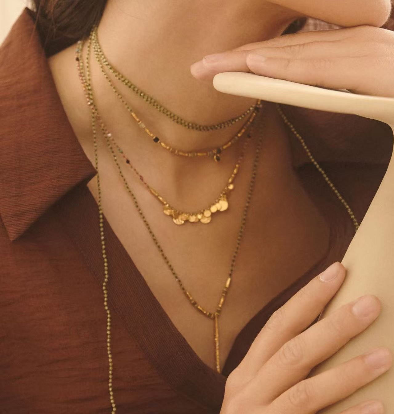 Hand-Strung Gemstone Micro-Bead & Hammered Bar Necklace - floysun