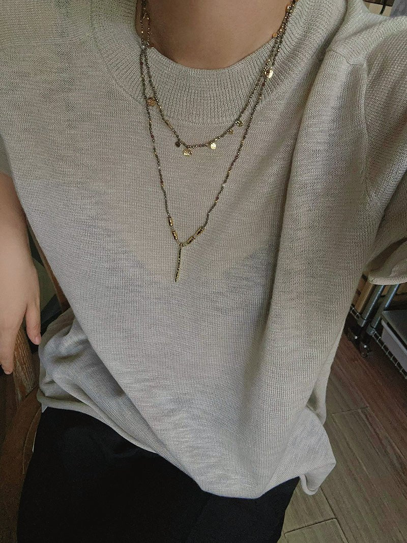 Hand-Strung Gemstone Micro-Bead & Hammered Bar Necklace - floysun