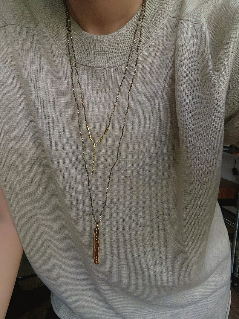 Hand-Strung Gemstone Micro-Bead & Hammered Bar Necklace - floysun