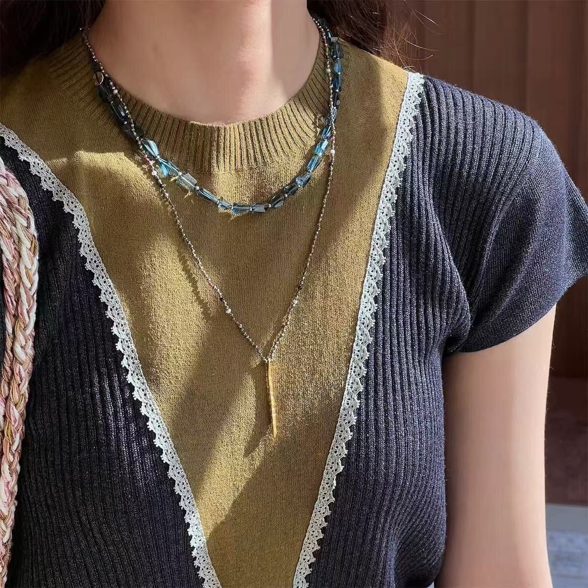 Hand-Strung Gemstone Micro-Bead & Hammered Bar Necklace - floysun