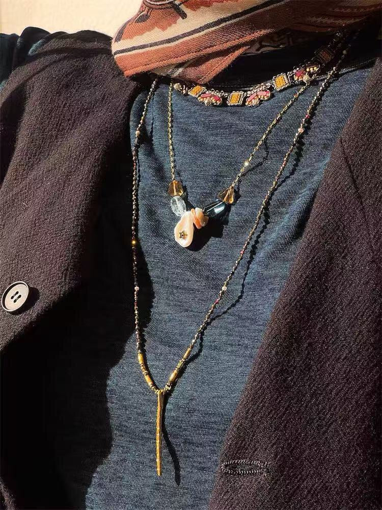 Hand-Strung Gemstone Micro-Bead & Hammered Bar Necklace - floysun