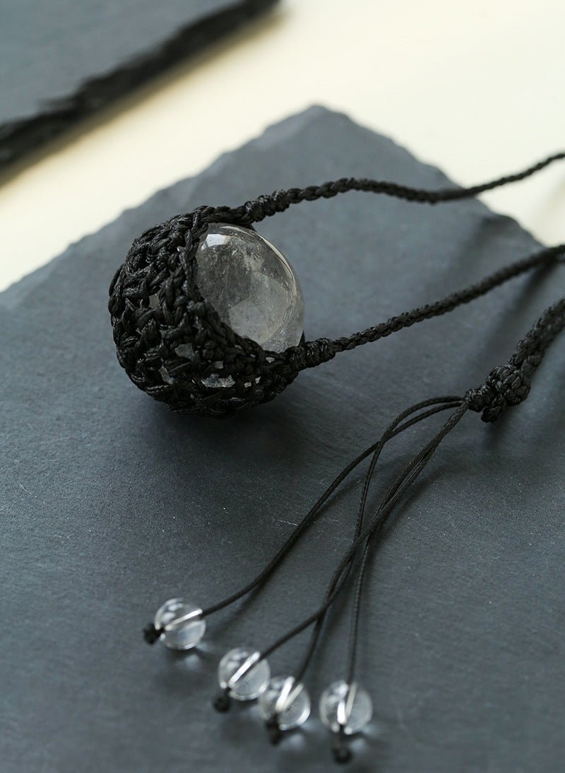 Handcrafted Black Macrame Net Quartz Choker - Natural 30mm Clear Crystal Sphere Pendant Necklace - floysun