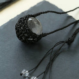 Handcrafted Black Macrame Net Quartz Choker - Natural 30mm Clear Crystal Sphere Pendant Necklace - floysun