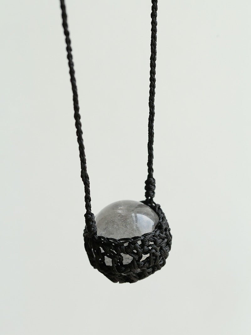 Handcrafted Black Macrame Net Quartz Choker - Natural 30mm Clear Crystal Sphere Pendant Necklace - floysun