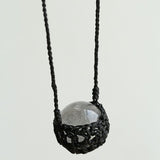 Handcrafted Black Macrame Net Quartz Choker - Natural 30mm Clear Crystal Sphere Pendant Necklace - floysun