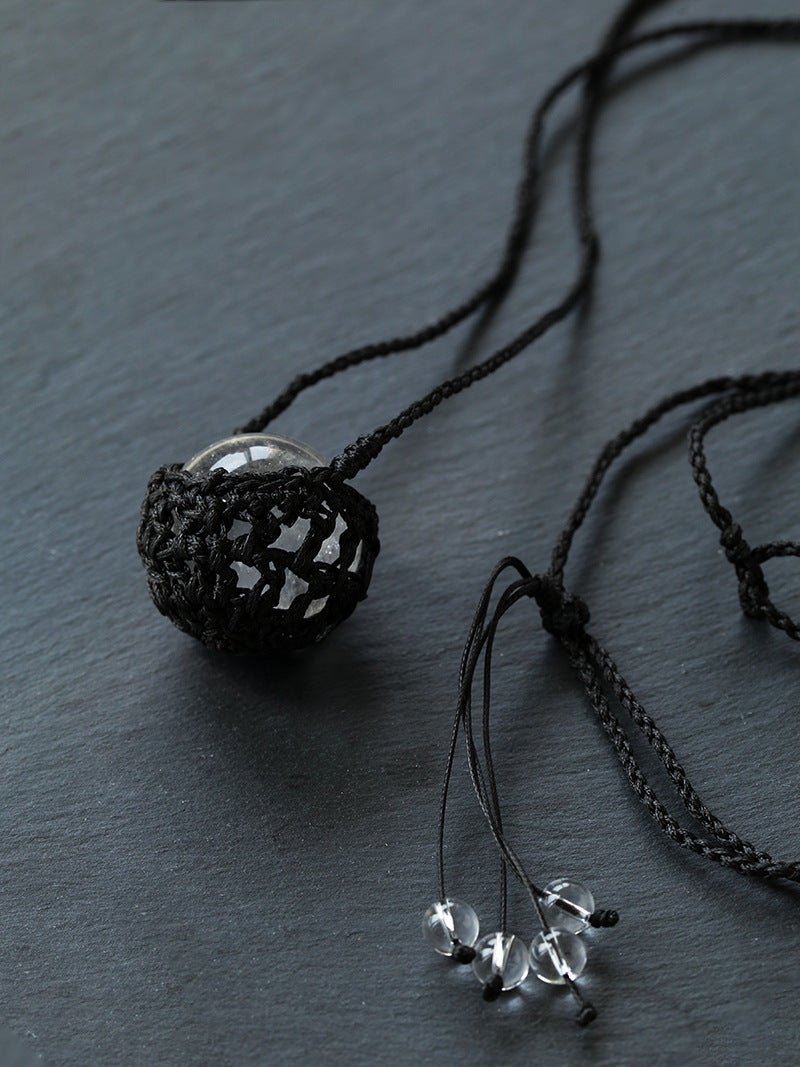 Handcrafted Black Macrame Net Quartz Choker - Natural 30mm Clear Crystal Sphere Pendant Necklace - floysun