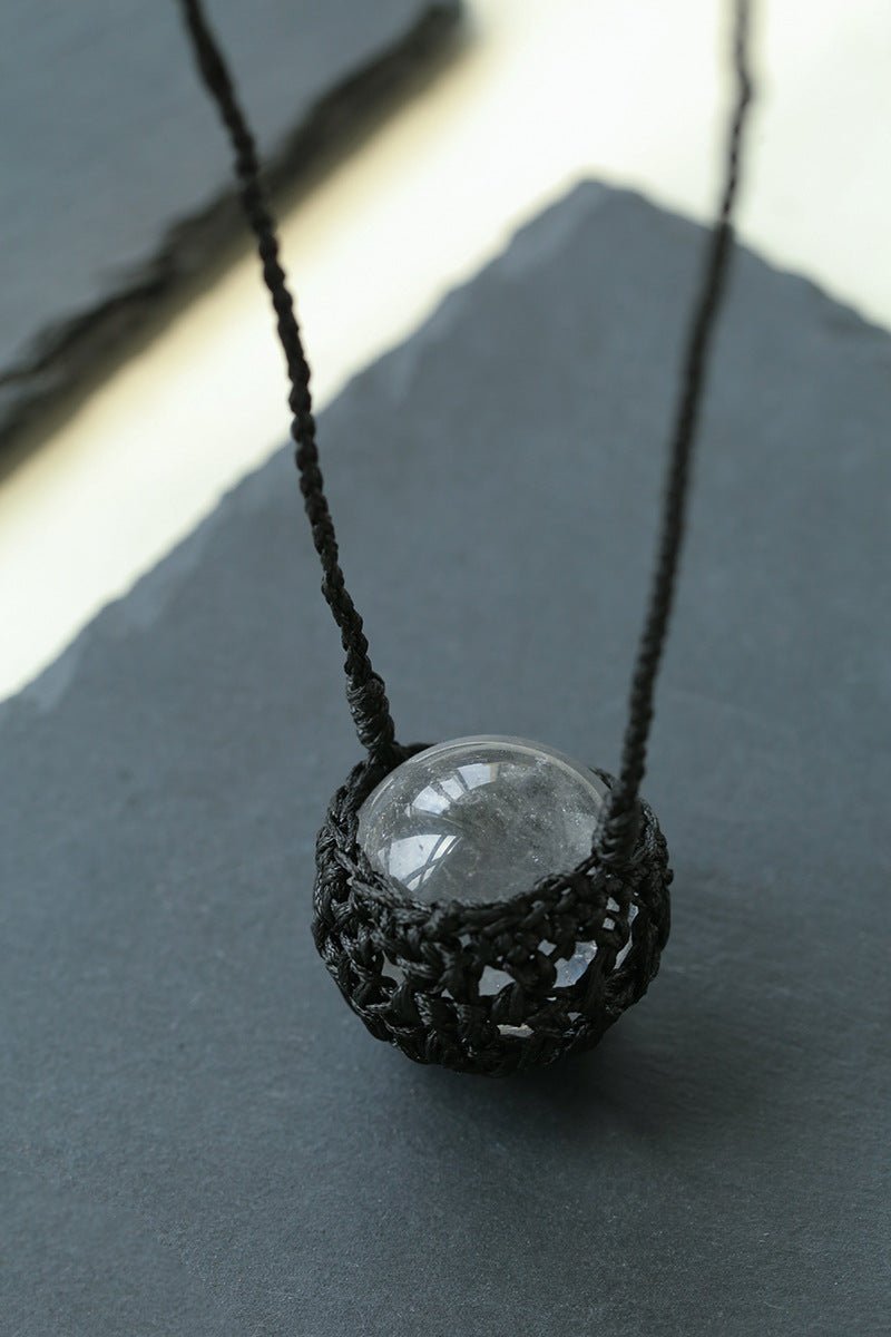 Handcrafted Black Macrame Net Quartz Choker - Natural 30mm Clear Crystal Sphere Pendant Necklace - floysun
