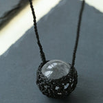 Handcrafted Black Macrame Net Quartz Choker - Natural 30mm Clear Crystal Sphere Pendant Necklace - floysun