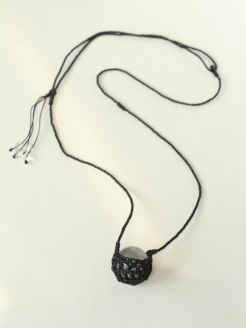 Handcrafted Black Macrame Net Quartz Choker - Natural 30mm Clear Crystal Sphere Pendant Necklace - floysun