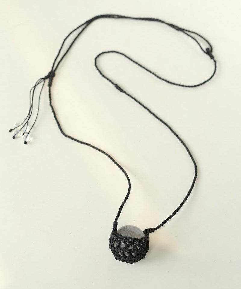 Handcrafted Black Macrame Net Quartz Choker - Natural 30mm Clear Crystal Sphere Pendant Necklace - floysun