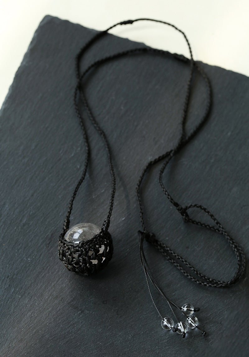 Handcrafted Black Macrame Net Quartz Choker - Natural 30mm Clear Crystal Sphere Pendant Necklace - floysun