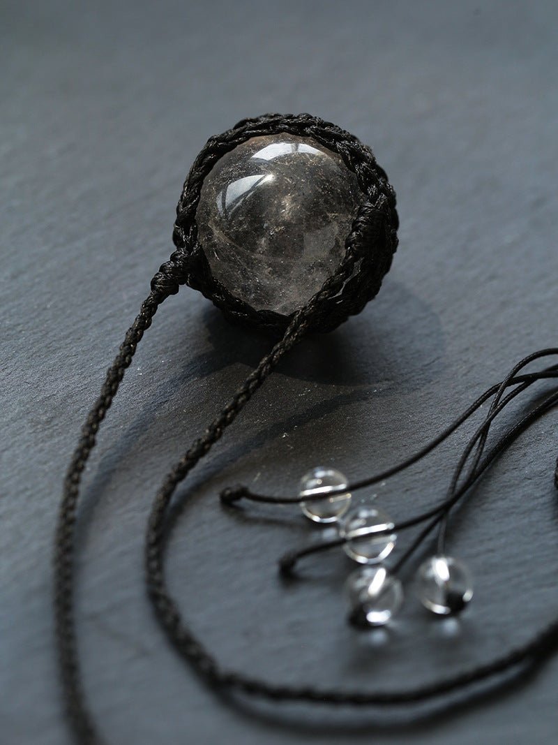 Handcrafted Black Macrame Net Quartz Choker - Natural 30mm Clear Crystal Sphere Pendant Necklace - floysun