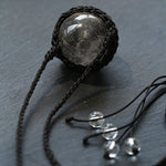 Handcrafted Black Macrame Net Quartz Choker - Natural 30mm Clear Crystal Sphere Pendant Necklace - floysun