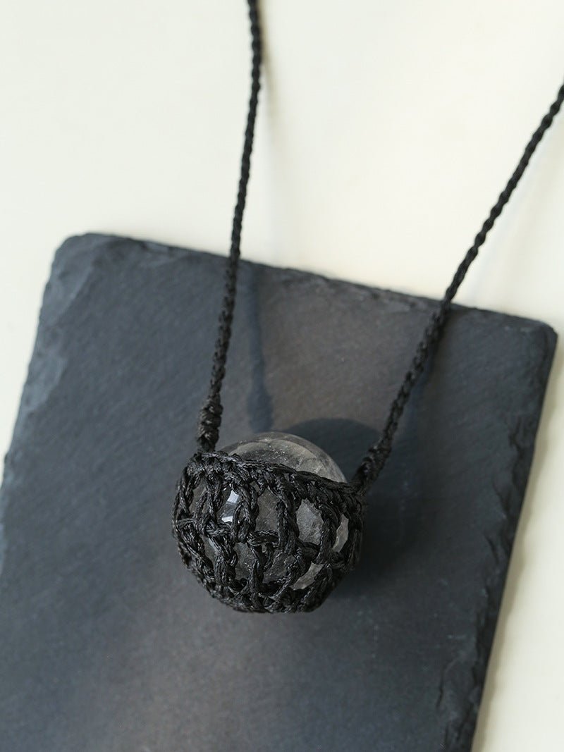 Handcrafted Black Macrame Net Quartz Choker - Natural 30mm Clear Crystal Sphere Pendant Necklace - floysun