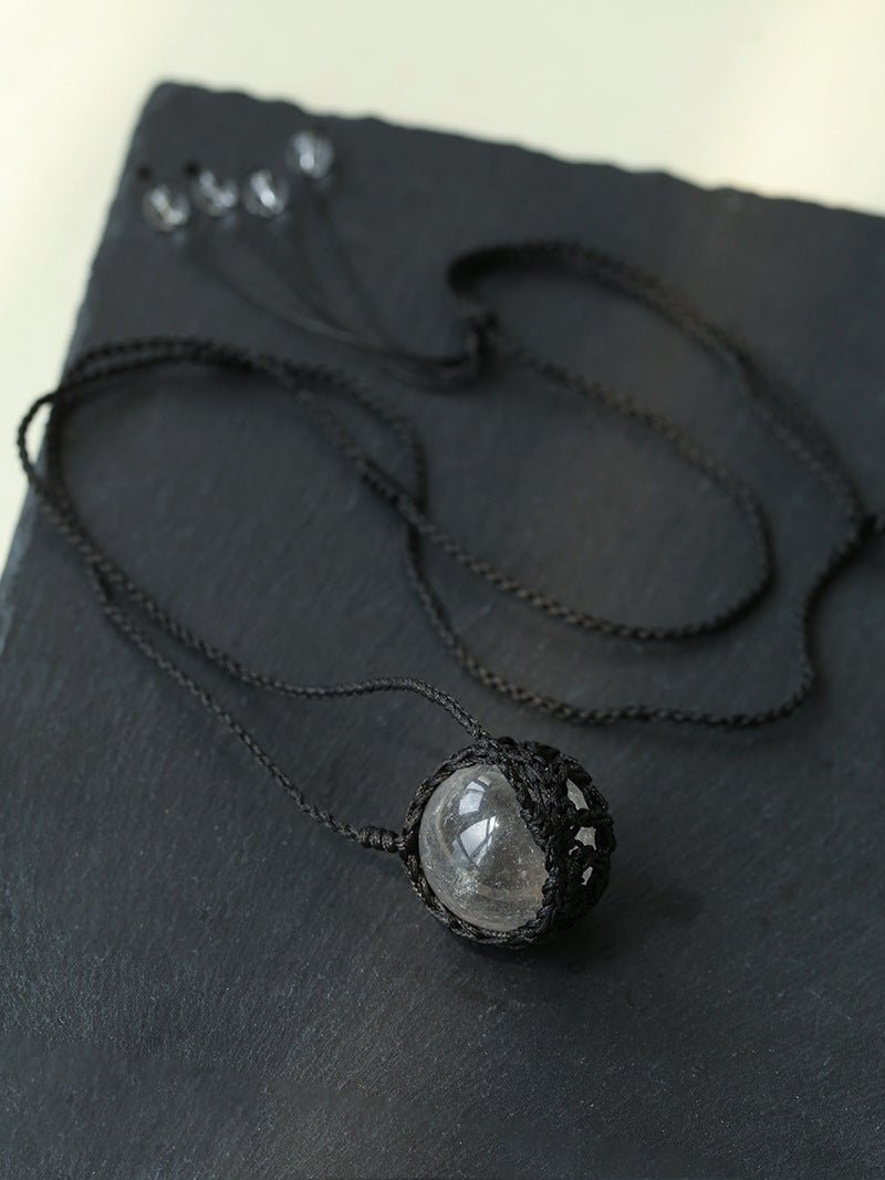 Handcrafted Black Macrame Net Quartz Choker - Natural 30mm Clear Crystal Sphere Pendant Necklace - floysun