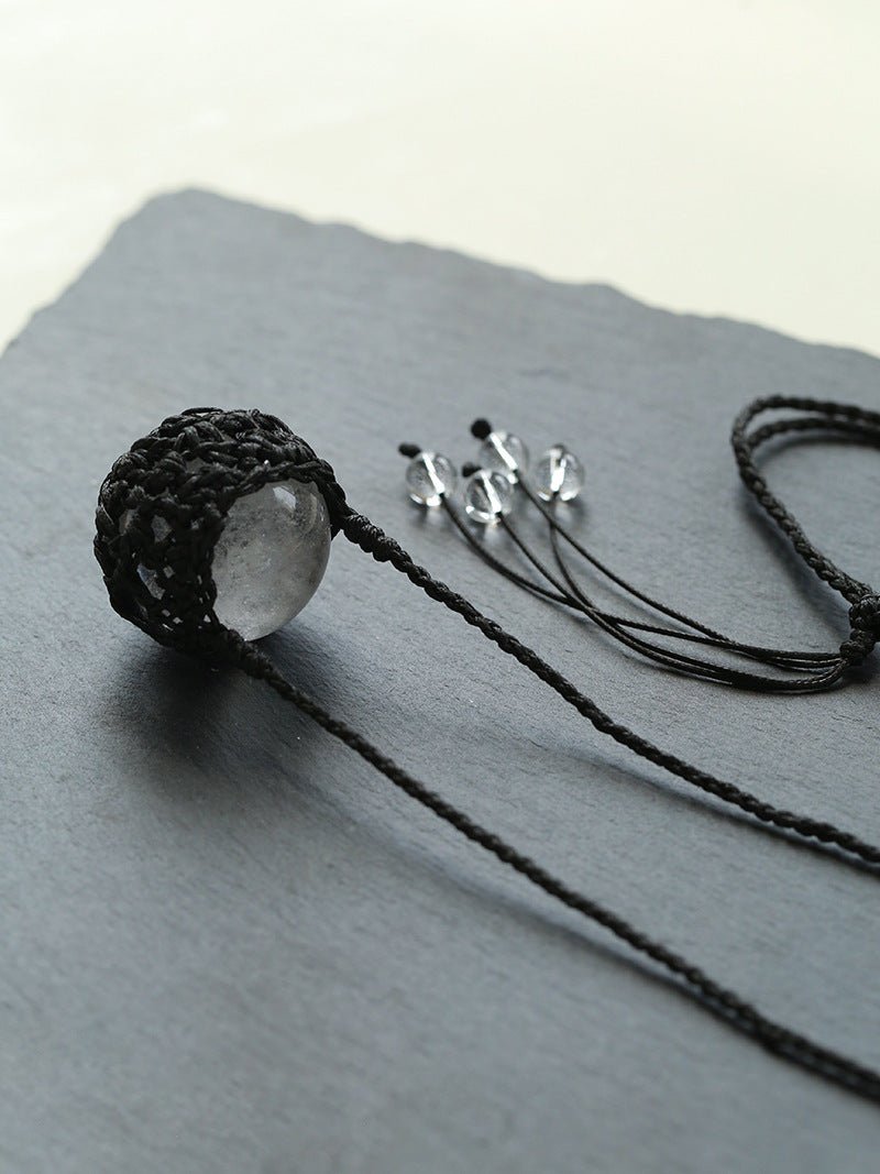 Handcrafted Black Macrame Net Quartz Choker - Natural 30mm Clear Crystal Sphere Pendant Necklace - floysun