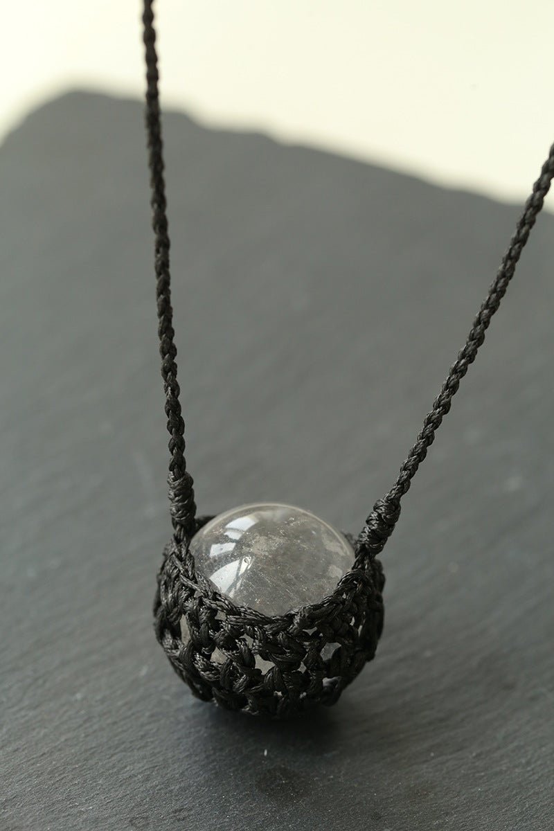 Handcrafted Black Macrame Net Quartz Choker - Natural 30mm Clear Crystal Sphere Pendant Necklace - floysun