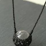 Handcrafted Black Macrame Net Quartz Choker - Natural 30mm Clear Crystal Sphere Pendant Necklace - floysun