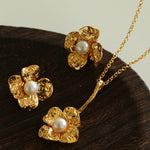 Handcrafted Four - Petal Flower Earrings with Freshwater Pearl - floysun