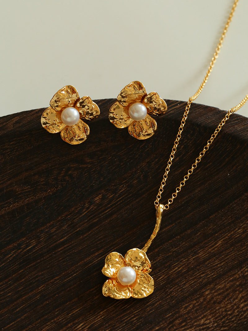 Handcrafted Four - Petal Flower Earrings with Freshwater Pearl - floysun