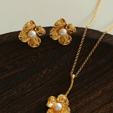 Handcrafted Four - Petal Flower Earrings with Freshwater Pearl - floysun