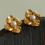 Handcrafted Four - Petal Flower Earrings with Freshwater Pearl - floysun