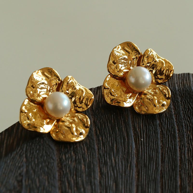 Handcrafted Four - Petal Flower Earrings with Freshwater Pearl - floysun