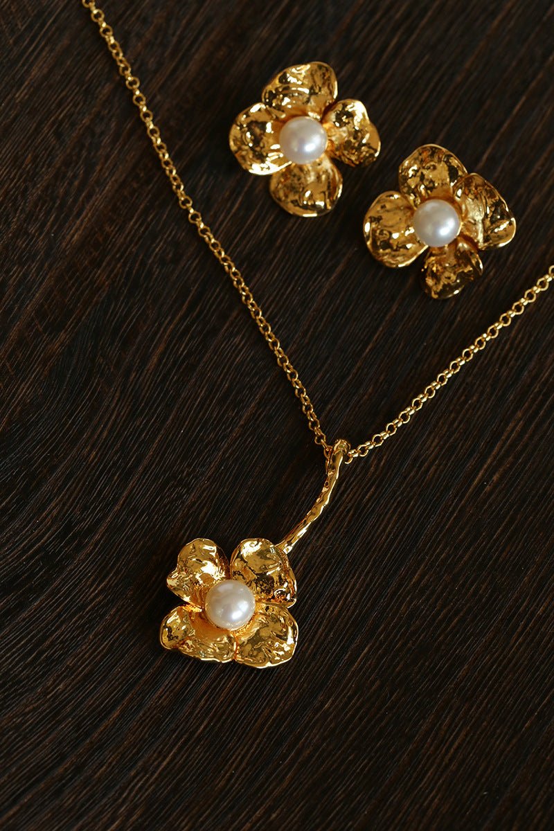 Handcrafted Four - Petal Flower Earrings with Freshwater Pearl - floysun