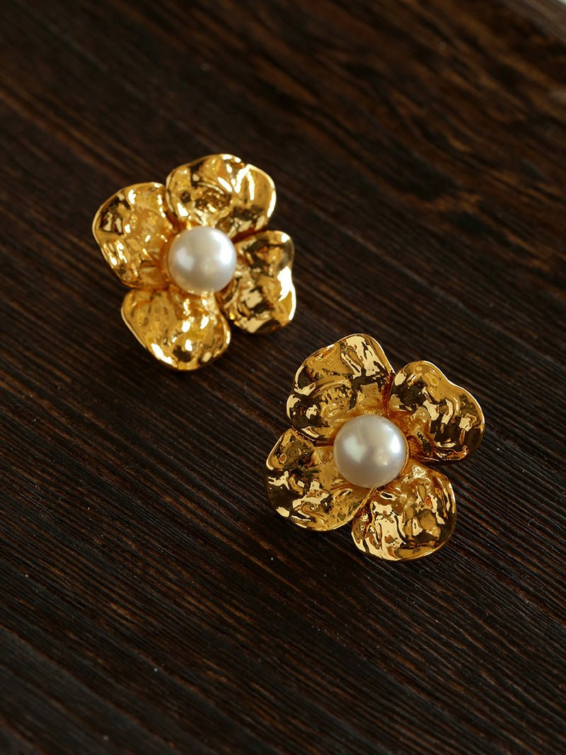 Handcrafted Four - Petal Flower Earrings with Freshwater Pearl - floysun