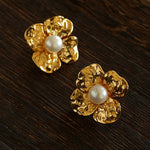 Handcrafted Four - Petal Flower Earrings with Freshwater Pearl - floysun