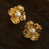 Handcrafted Four - Petal Flower Earrings with Freshwater Pearl - floysun