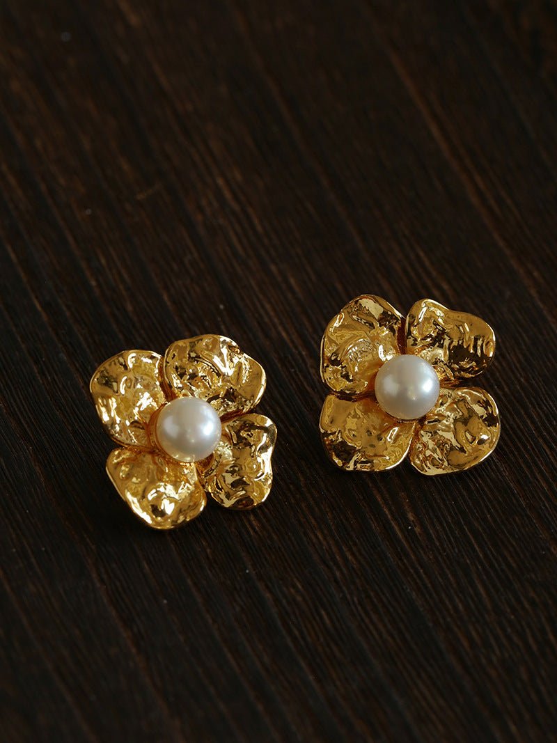 Handcrafted Four - Petal Flower Earrings with Freshwater Pearl - floysun