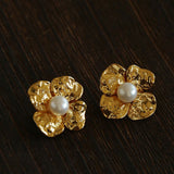 Handcrafted Four - Petal Flower Earrings with Freshwater Pearl - floysun
