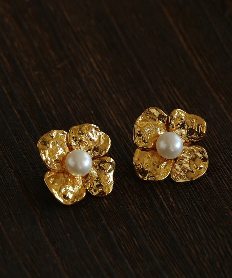 Handcrafted Four - Petal Flower Earrings with Freshwater Pearl - floysun